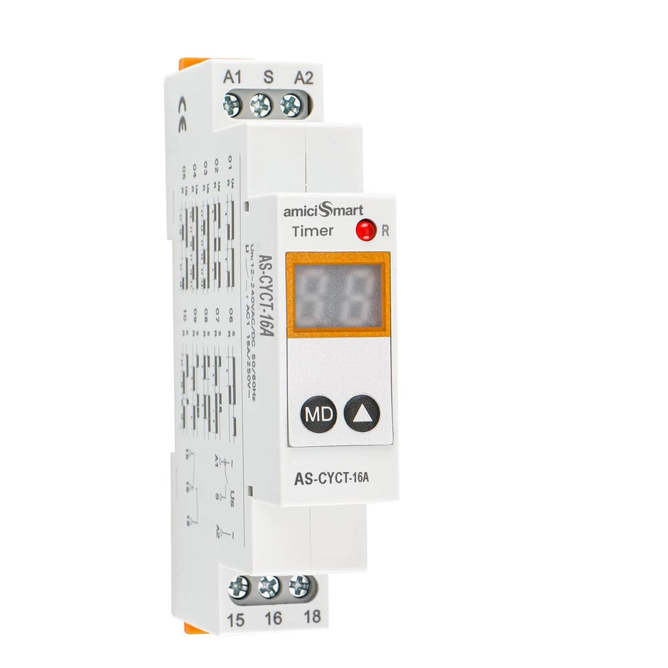 amiciSmart Multi-Functional On, Off Delay, Cycle Timer Switch, 0.1 sec to 99 Days Range with 20 Function Modes, AC/DC Time Relay (16A)