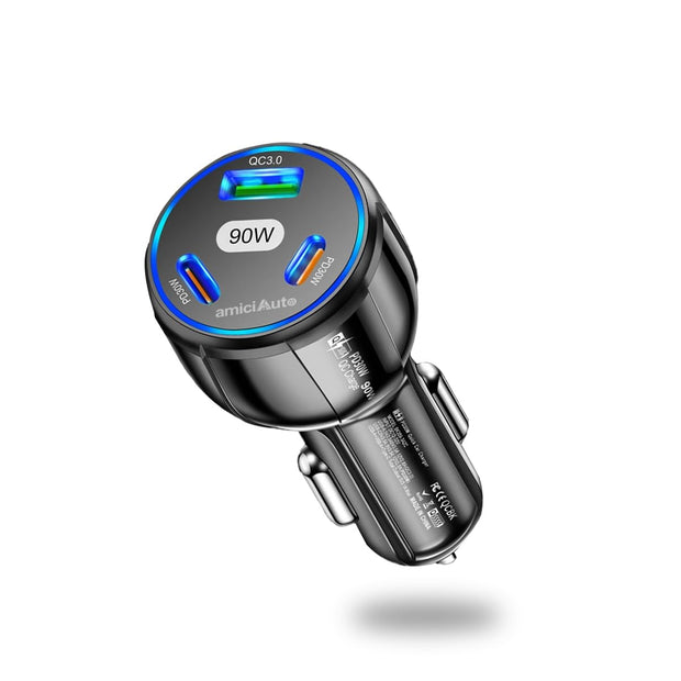 amiciAuto 90W High-Power Car Charger with Triple USB Ports with PD3.0 & QC 3.0 Fast Charging Technology