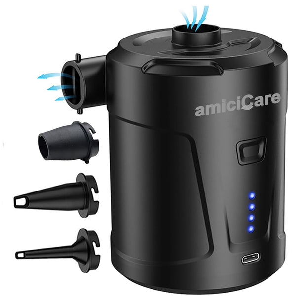 amiciCare Mini Air Pump, Type-C Rechargeable Inflator/Deflator with 3 Nozzles Attachments, Wireless Air Compressor for Air Beds, Inflated Pools, etc