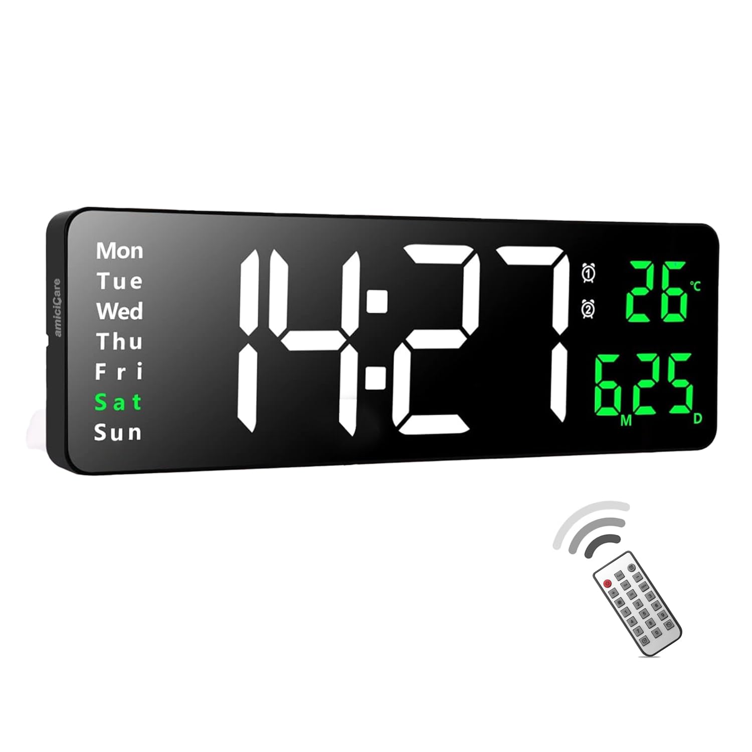 amiciCare Remote Controlled LED Wall Clock - Elegant Day Date Month Temperature Display | Dual Alarm with Timer & Countdown | Adjustable Brightness for Home & Office Use