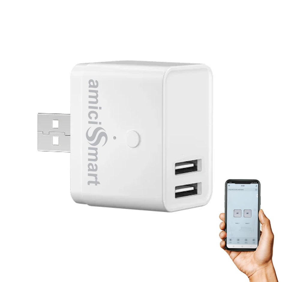 amiciSmart Mini USB Adapter Switch with 2 USB Ports ? Voice Assistant & SmartLife App Compatible, Timer Function for Automated Control