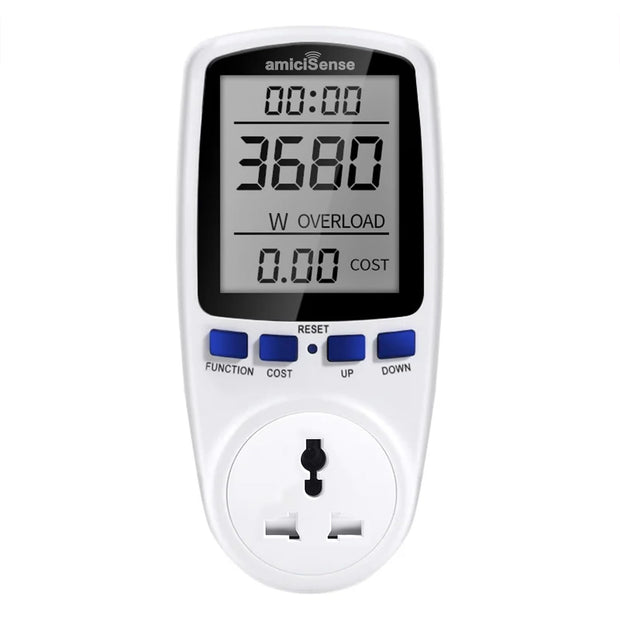 amiciSense Digital Socket Power Meter ? Energy Monitor for Voltage, Amps & Frequency Test | 16A Capacity with Real-Time Cost Calculation