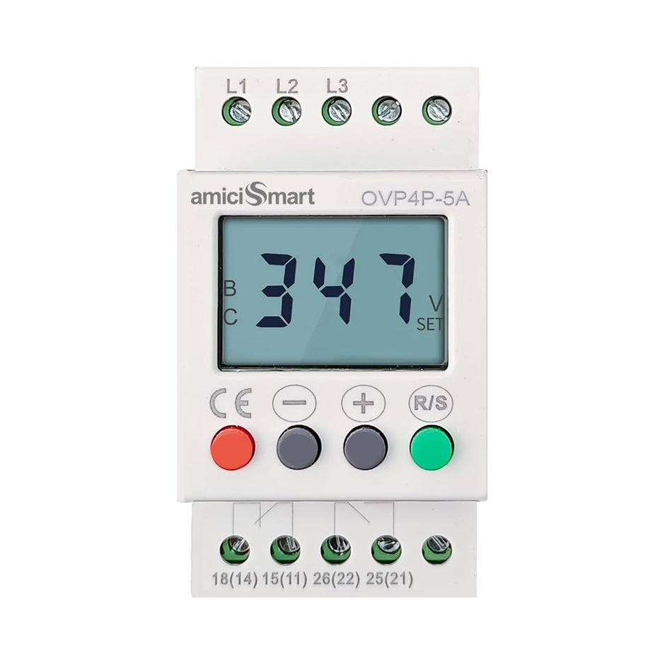 amiciSmart Three Phase Adjustable 300-500V Over/Under Voltage Phase balance Protection Relay with LCD Display and Din Rail Mount