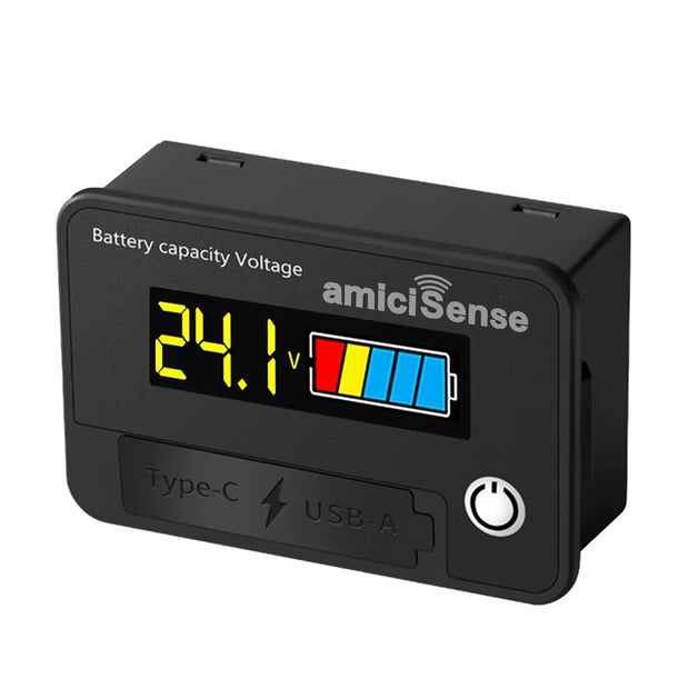 amiciSense DC 8-30V Battery Capacity Indicator with Type-C and USB Output Port for Mobile Charging, 12V 24V Lead-acid Lithium LiFePO4 Voltmeter for Car and Bike