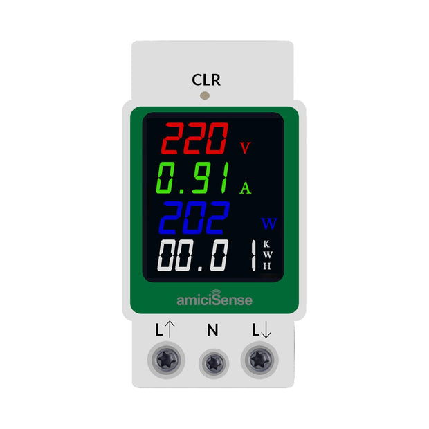 amiciSense AC Digital Energy Meter, 160~275V 100A Active Power Voltage Current Power Factor Energy Monitoring Device with Colorful LED Display, Din Rail Mount