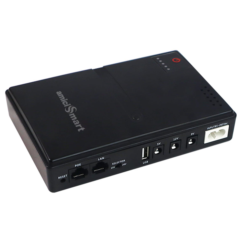 amiciSmart 10400mAh UPS for WiFi Routers, Camera USB & POE Devices ? Intelligent Power Supply with Advanced Protection, Essential for Continuous Security and Device Operation (Max. Output Current 2A)