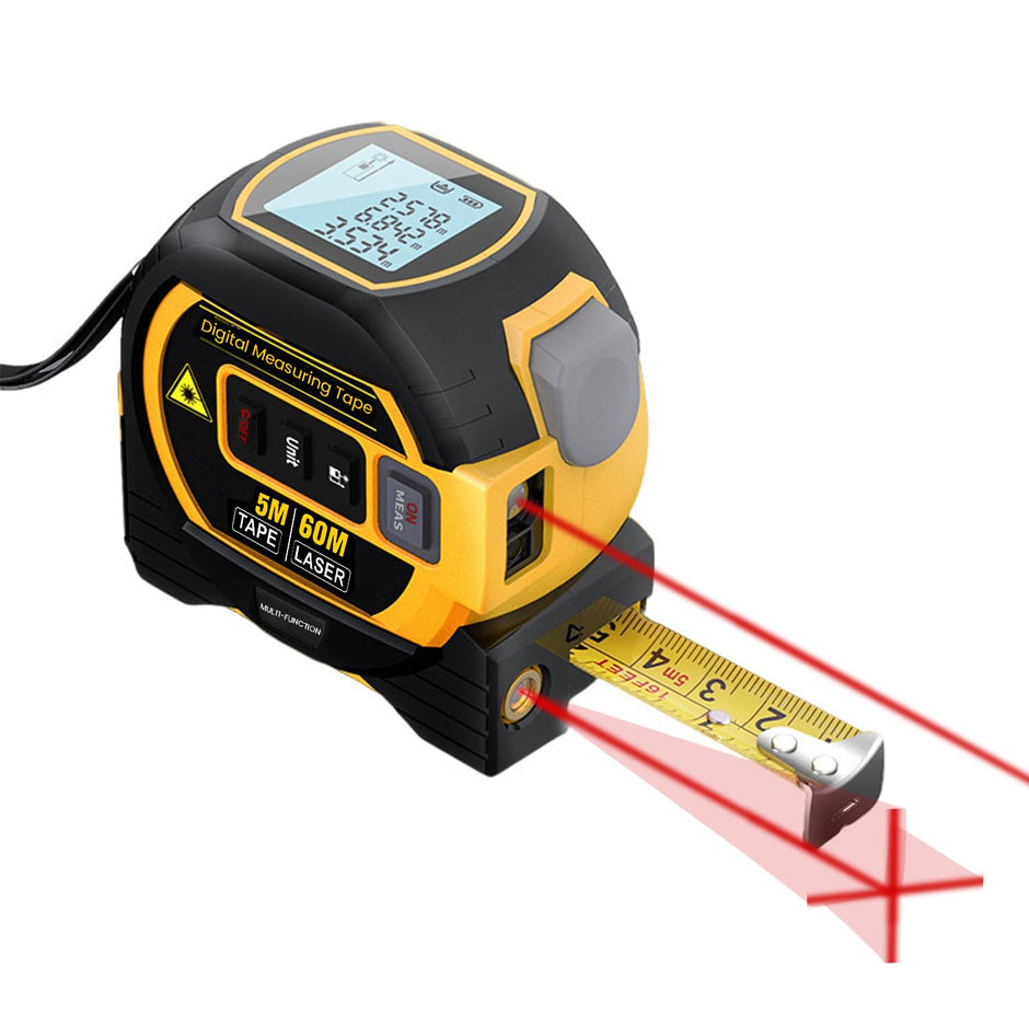 amiciTools 3-in-1 Laser Distance Meter: 5m Tape Measure, 60m Laser Measure, 10m Cross Line Laser with 20 Measurement Storage