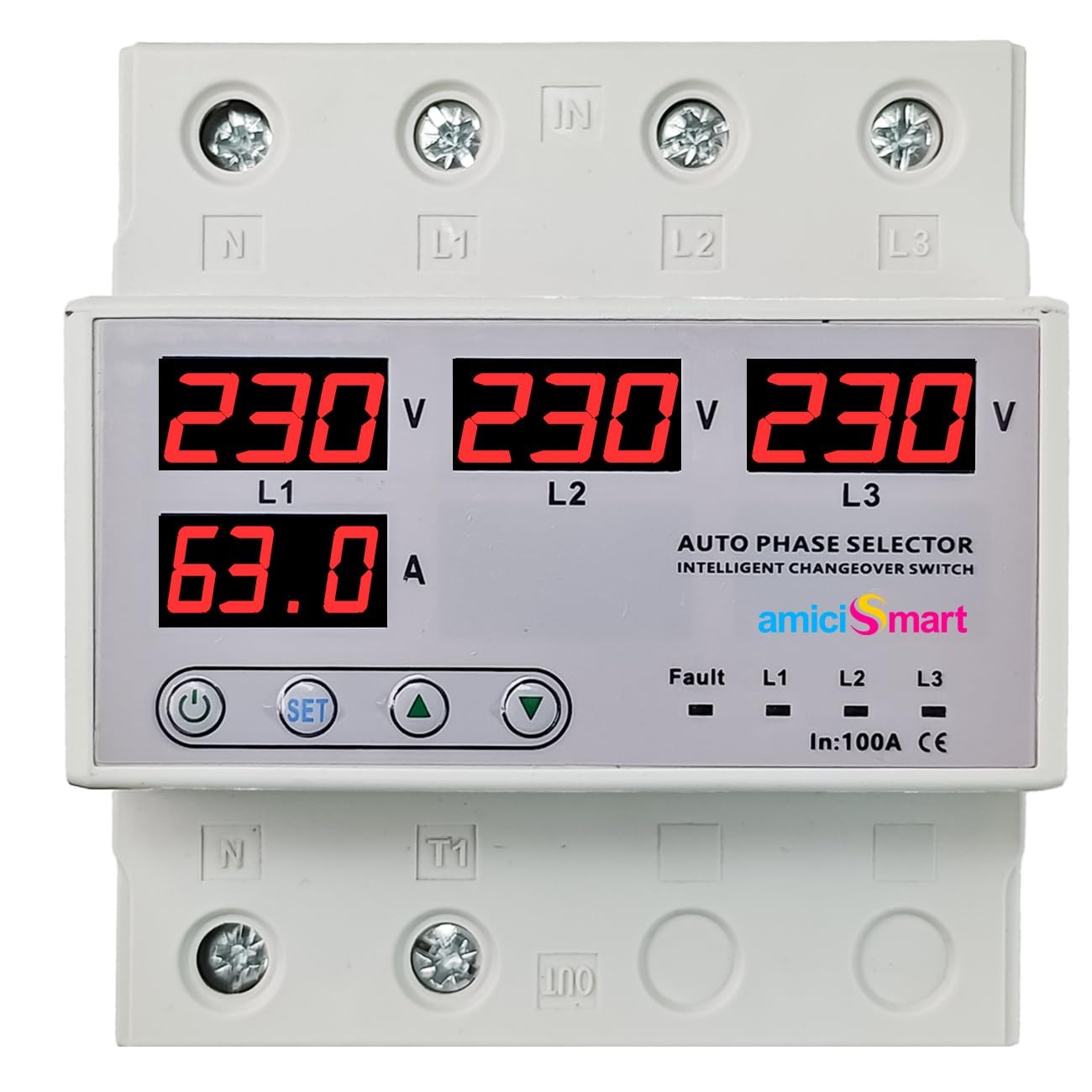 amiciSmart Intelligent 3 Phase to 1 Phase Selector/Changeover Switch with Over/Under Voltage Protection and Over Load Protection 230VAC