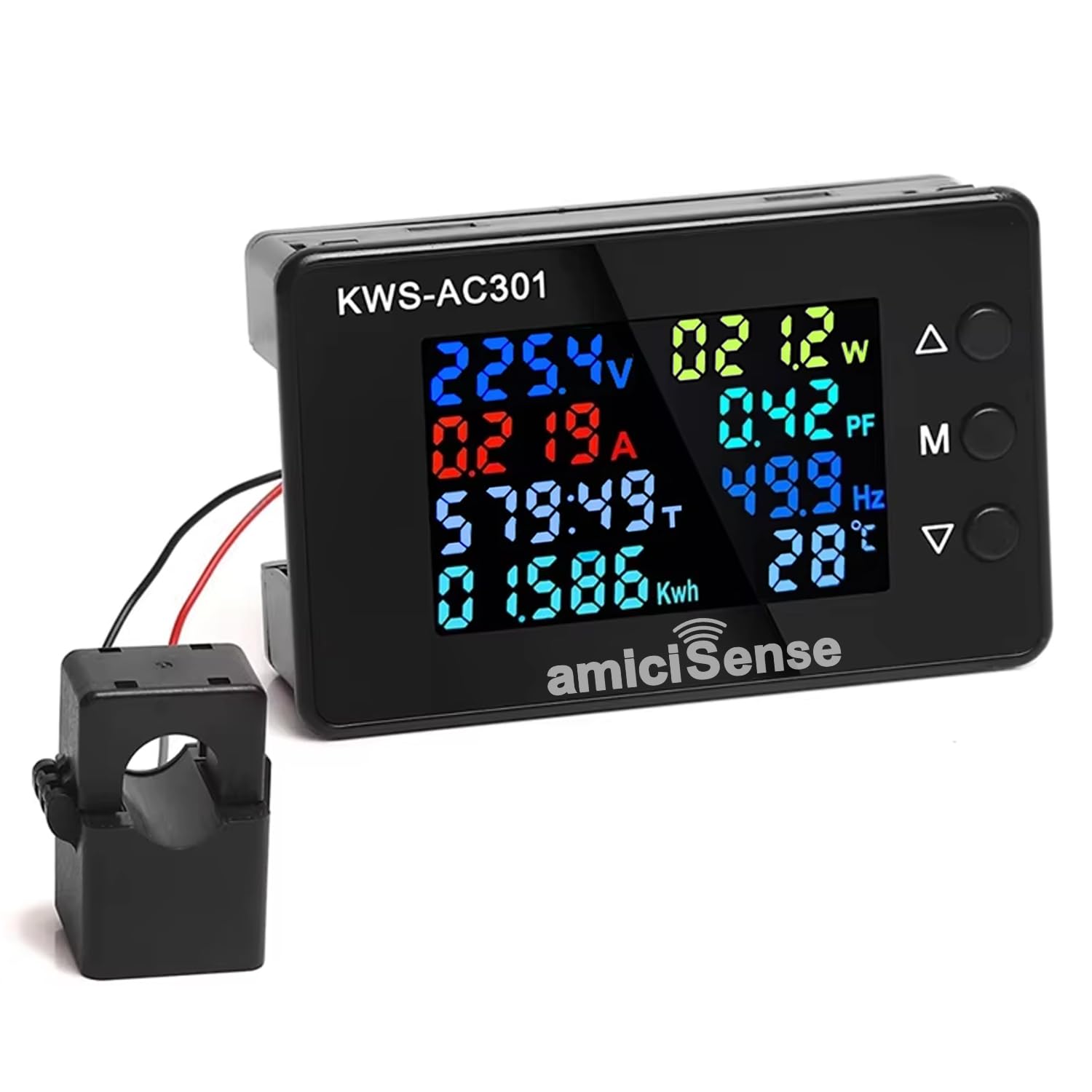 amiciSense 8 in 1 Digital Energy Meter, 50~300VAC 100A Power Monitoring Device with Colorful Display and 6 Buzzer Alarm (22kW)