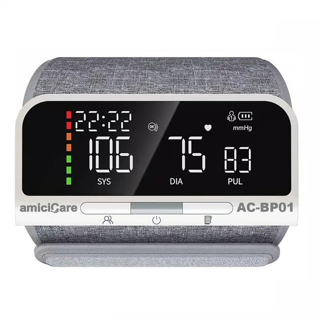 amiciCare Seamless Arm Blood Pressure Monitor with Bluetooth App - Rechargeable BP Machine Stores 240 Readings for 2 Users, Color Indicators with Auto Cuff Correction Warning