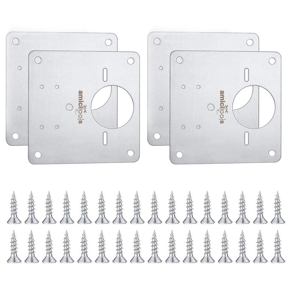 amiciTools Stainless Steel (SS202) Hinge Repair Plate with Mounting Screws for Furniture, Shelves, Cabinet Protection (4-Pcs)