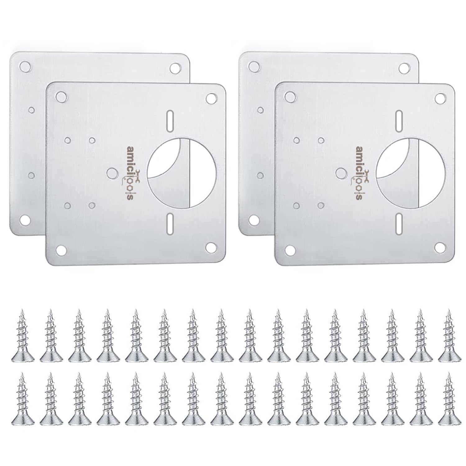 amiciTools Stainless Steel (SS202) Hinge Repair Plate with Mounting Screws for Furniture, Shelves, Cabinet Protection (4-Pcs)