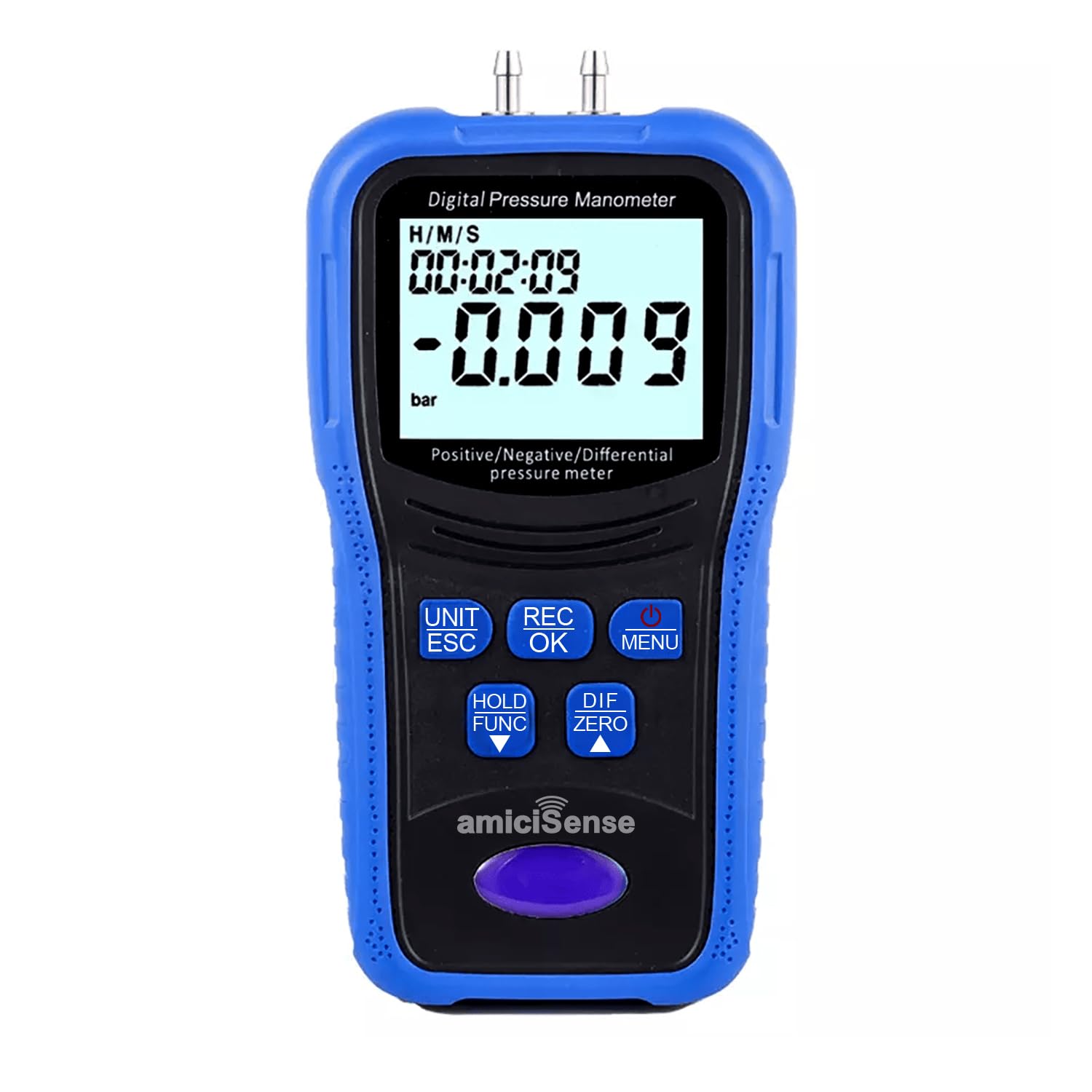 amiciSense Manometer, Digital Air Pressure Meter with 12 Selectable Units, Dual-Port HVAC Gas Differential Pressure Tester