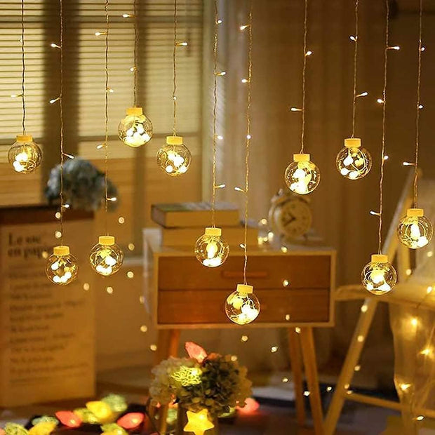 amiciVision Wish Ball Curtain String Lights | Decorative Light with 12 Stars and 8 Lighting Modes for Festive Home Decor, 220VAC (Warm White Color)