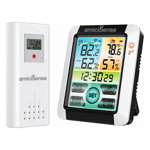 amiciSense Digital Weather Station, Outdoor/Indoor Temperature and Humidity Monitoring Device with Touch Screen and Clock Function