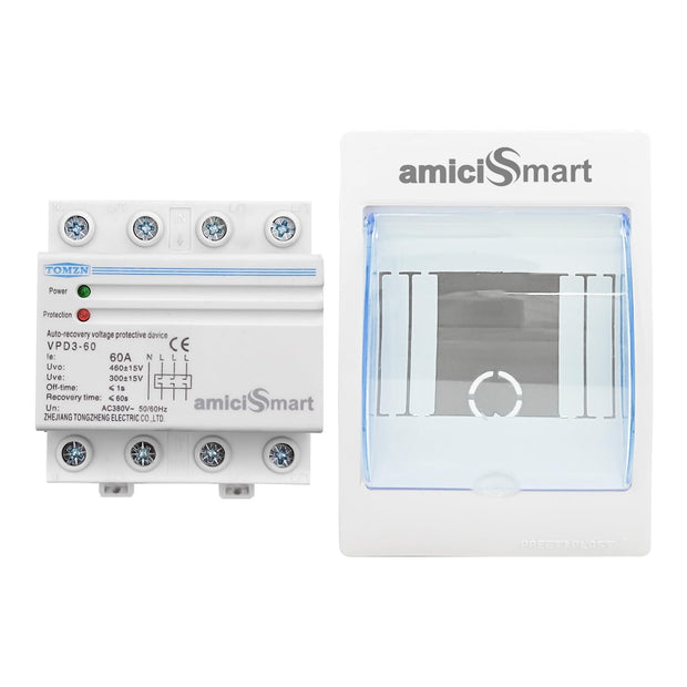 amiciSmart Automatic Over/Under Voltage Protector with Auto Re-Connect 4 Wire Din-Rail Mounted 3 Phase 380V, 60A