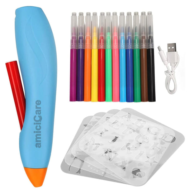 amiciCare Rechargeable Graffiti Spray Pen Set ? Includes 12 Color Pens & 4 Stencils, Non-Toxic, Perfect for Creative Kids & Adults, Cordless Electric Airbrush Sprayer for Art and Craft