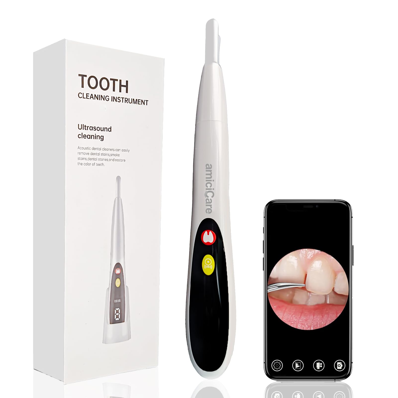 amiciCare Ultrasonic Tooth Cleaning Tool, Wireless & Electric Dental Calculus/Tartar/Stains Cleaner with Camera and Mobile App Connectivity - Elevate Your Oral Care Routine