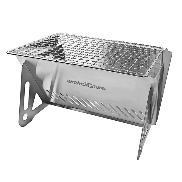 amiciCare Mini Portable Charcoal Grill, Stainless Stell Compact BBQ Grill for Camping, Picnic, Outdoor Cooking