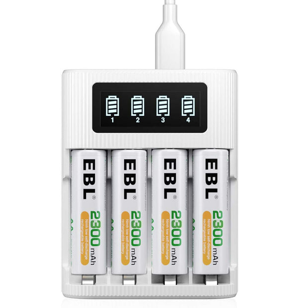 EBL AA/AAA Battery Charger - 4-Bay, Type-C & Micro USB Input, LCD Display for Charge State with 4 AA Rechargeable Battery