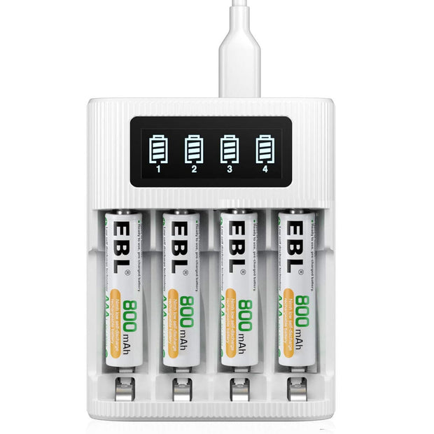 EBL AA/AAA Battery Charger - 4-Bay, Type-C & Micro USB Input, LCD Display for Charge State with 4 AAA Rechargeable Battery