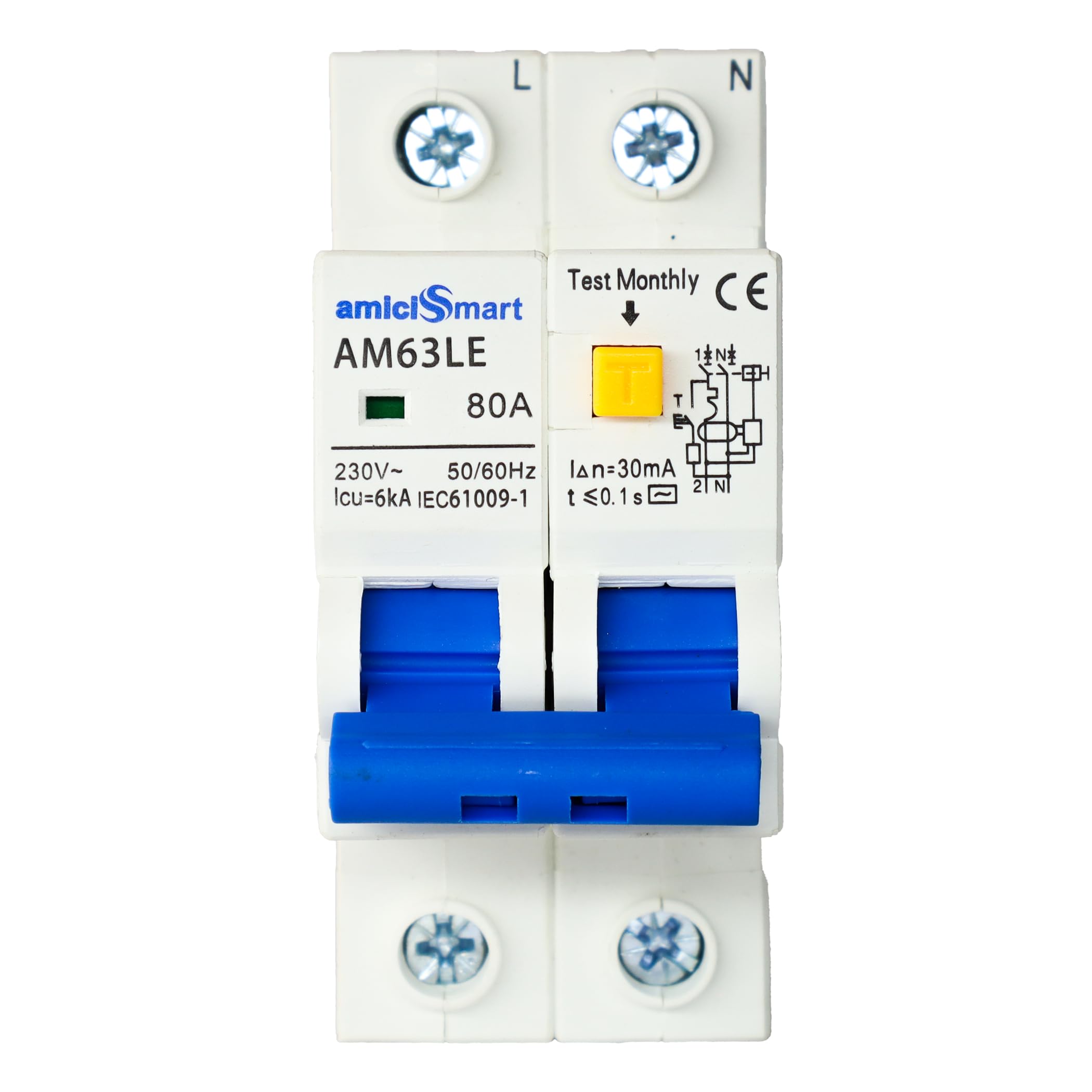 amiciSmart RCBO, 220V Residual Current Circuit Breaker with Over Current, Short-Circuit and Leakage Protection