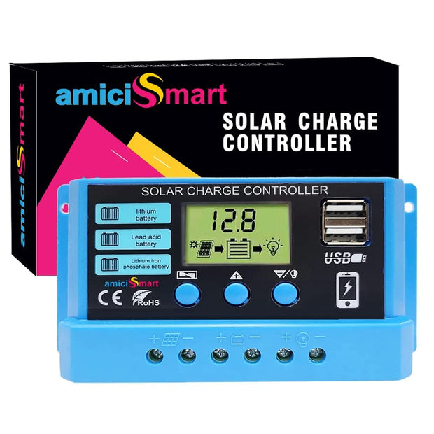 amiciSmart Solar Charger Controller 10A/20A/30A Solar Panel Battery Intelligent Regulator LCD Display with USB Port 12V/24V