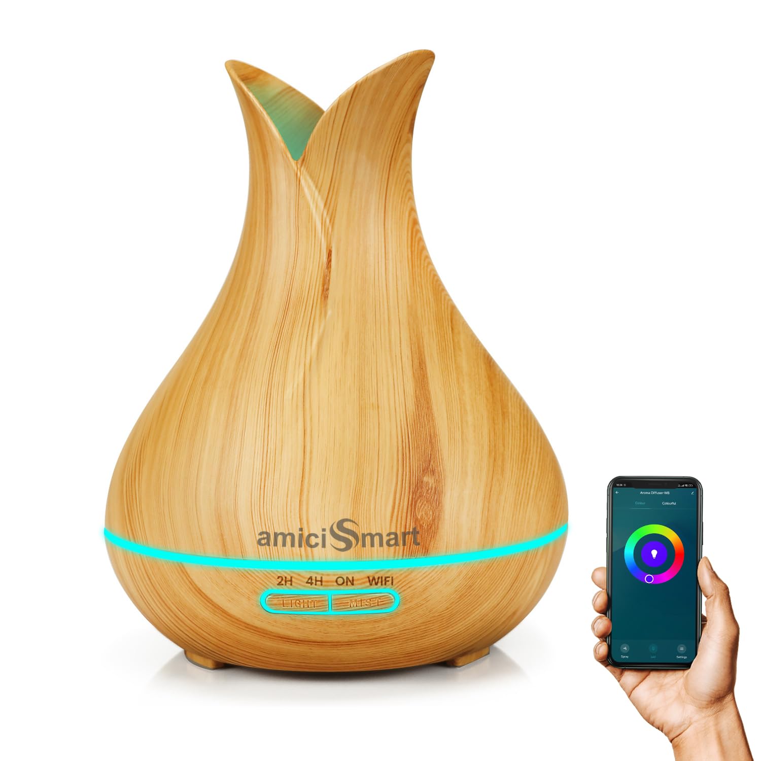 amiciSmart WiFi Aroma Diffuser with Multicolor LED Light | Smart Life App & Alexa Compatible | Auto-Cut Feature, Essential Oil Ultrasonic Diffuser, 400ml