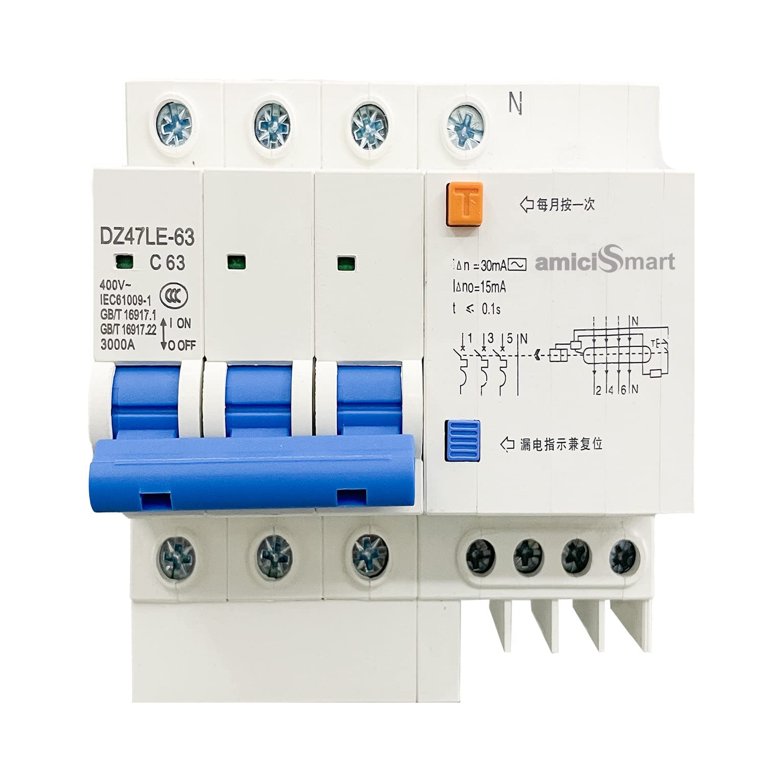 amiciSmart RCCB 63A Circuit Breaker with Leakage/Lightning Protection and Din Rail Mount