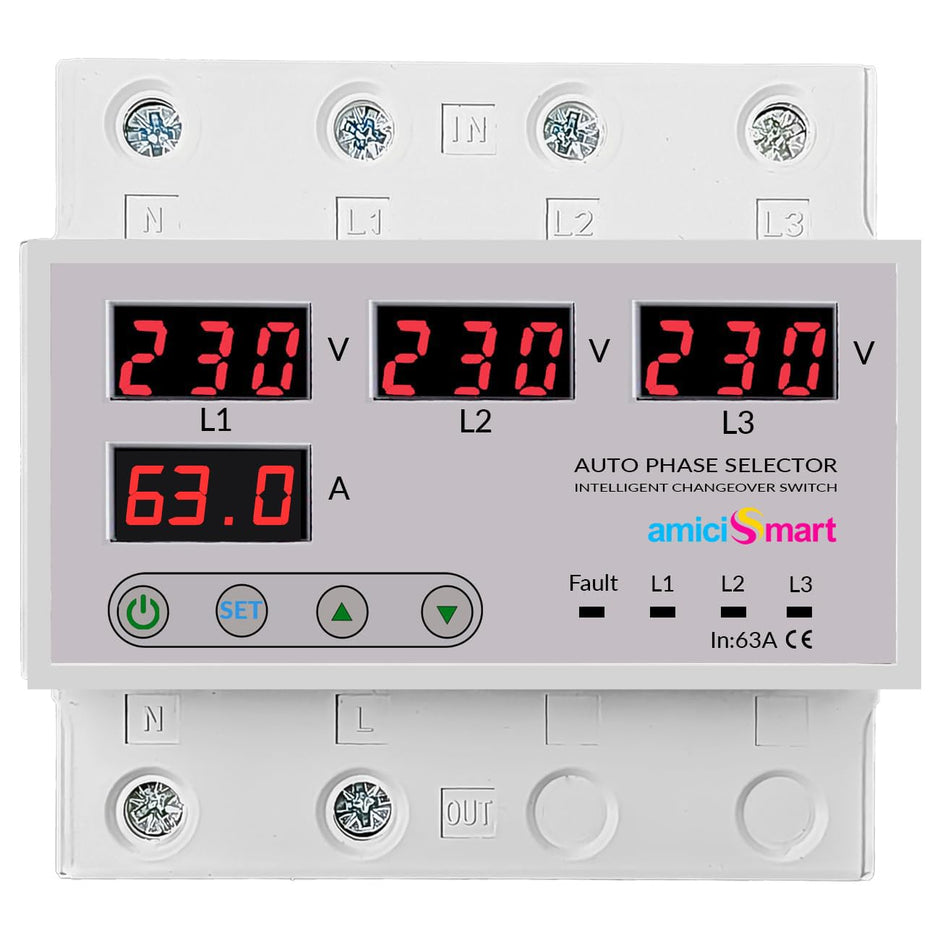 amiciSmart Intelligent 3 Phase to 1 Phase Selector/Changeover Switch with Over/Under Voltage Protection and Over Load Protection 230VAC