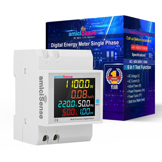 amiciSense 6 in 1 AC 40-300V 100A Digital Energy Meter, Frequency/Power Factor/Active Power/Current/Voltage Monitoring Device with Colorful LCD Display, Monitor Power Consumption (22kW)