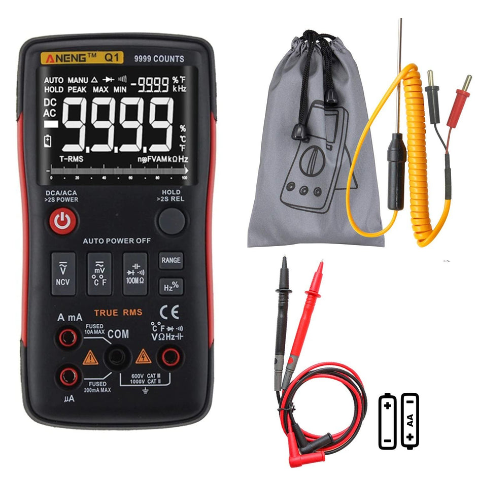 amiciSense True-RMS Digital Multimeter Button 9999 Counts With Analog Bar Graph AC/DC with 2 x AA Batteries, Battery Powered