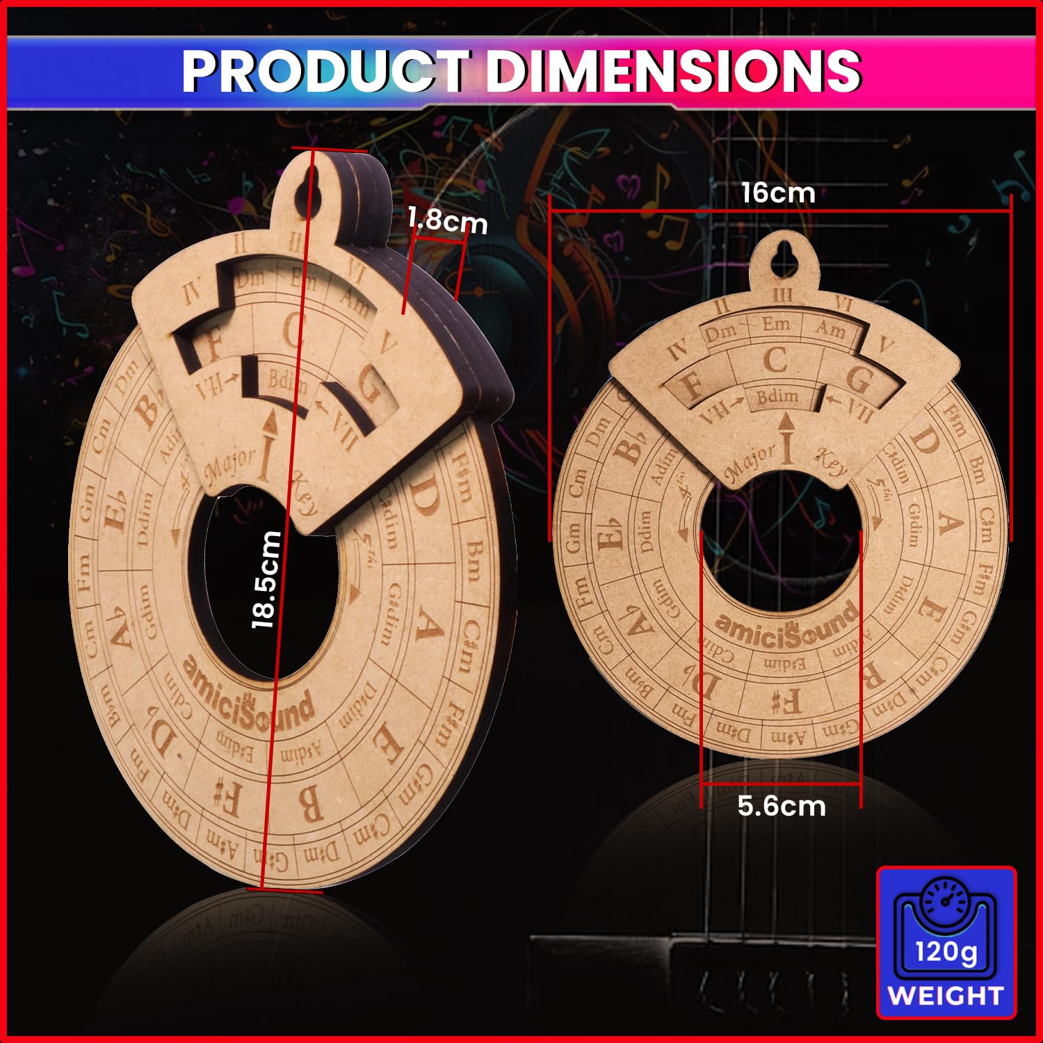 amiciSound Circle of Fifth Wheel for Music Theory Reference, Wooden Melody Tool for Songwriter Musician