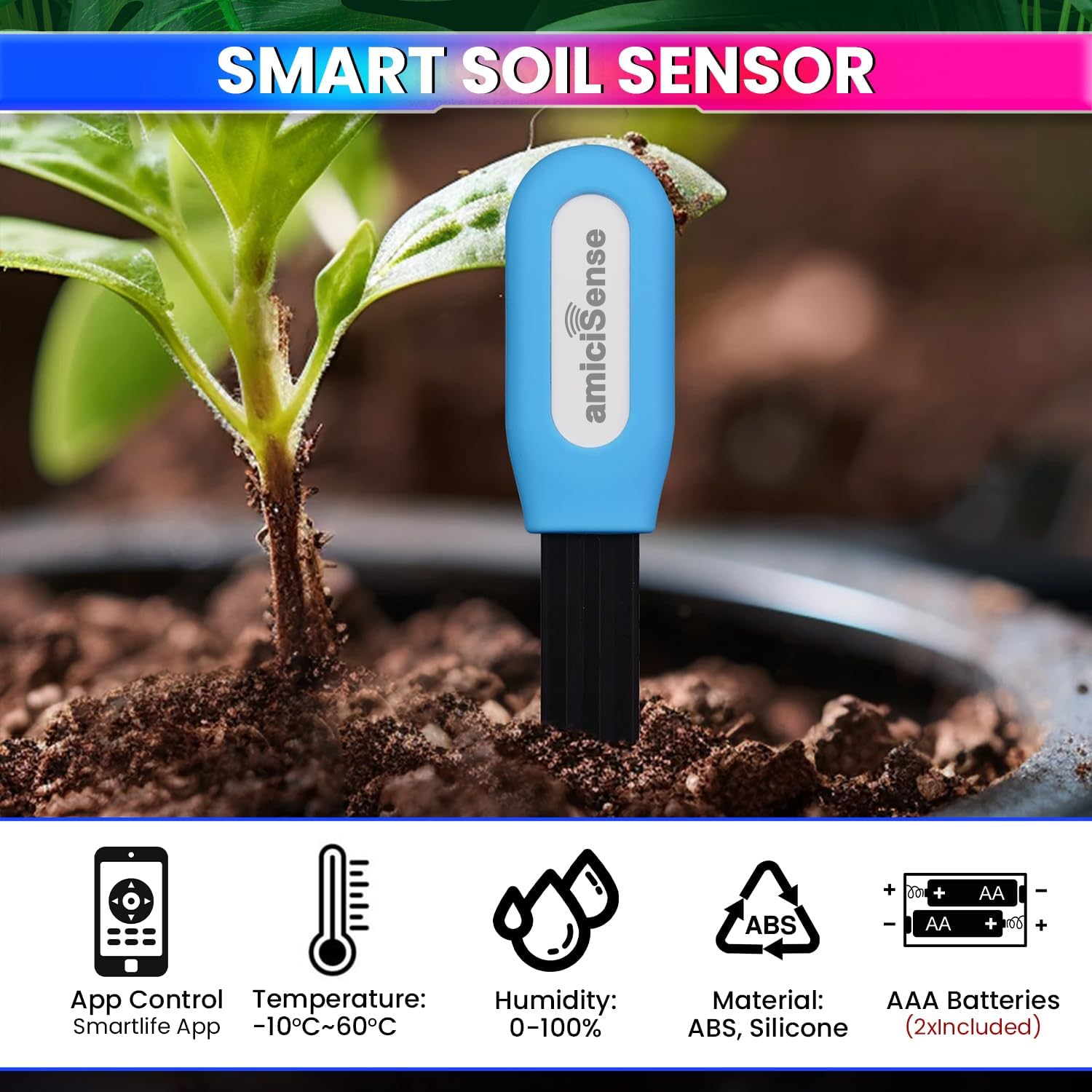 amiciSense 2-in-1 Soil Moisture and Temperature Sensor, Wireless Hygrometer for Potted Plants Garden (Pack of 3)