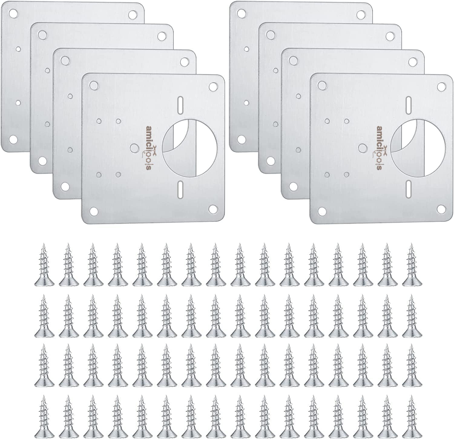 amiciTools Stainless Steel (SS202) Hinge Repair Plate with Mounting Screws for Furniture, Shelves, Cabinet Protection, Hinge Support Plate (8-Pcs)