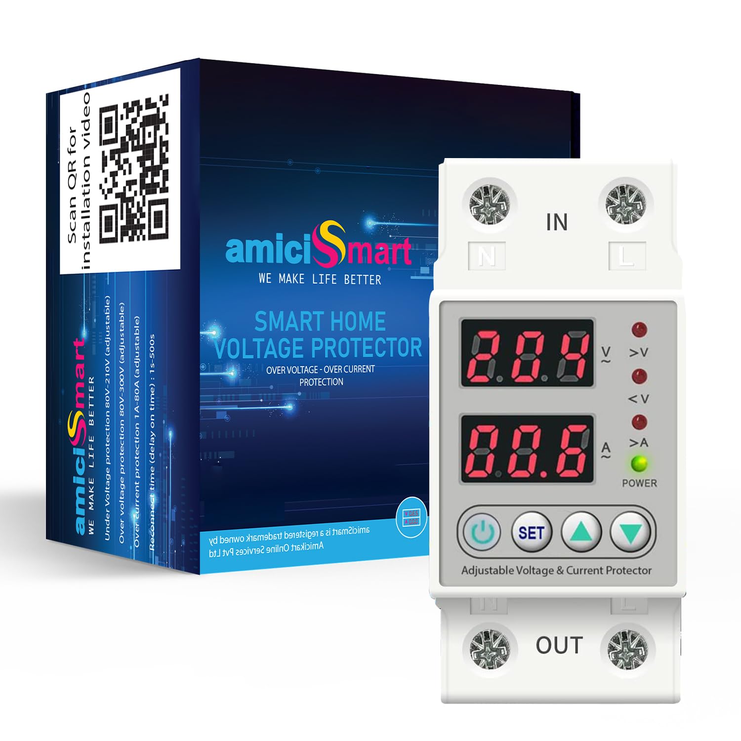 amiciSmart Automatic Over/Under Voltage and Over Load Protection (Adjustable Setting) with Auto Re-Connect LED Display Standard Din-Rail Mounted Single Phase 220V, 63A (13.8kW)