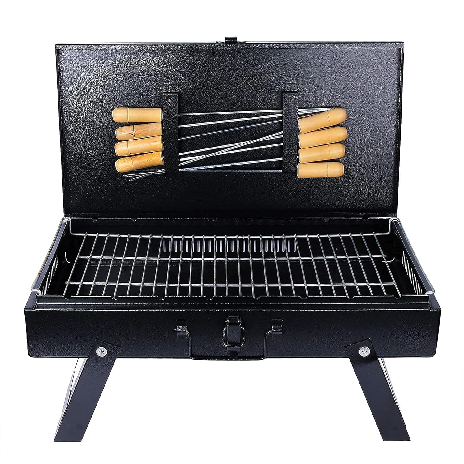 amiciCare Portable Charcoal Barbecue Grill, Foldable Briefcase Design with 8 Skewers, 1 kg Charcoal and Foldable Legs for Outdoor Cooking and Camping