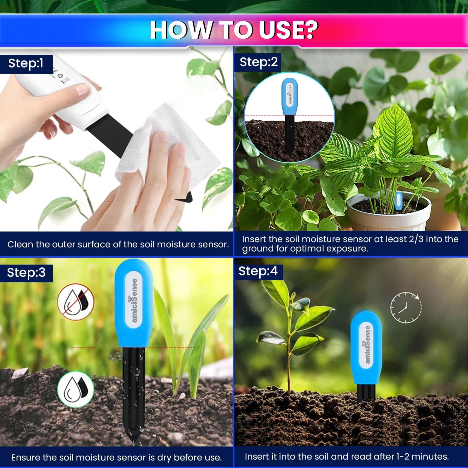 amiciSense 2-in-1 Soil Moisture and Temperature Sensor, Wireless Hygrometer for Potted Plants Garden (Pack of 3)